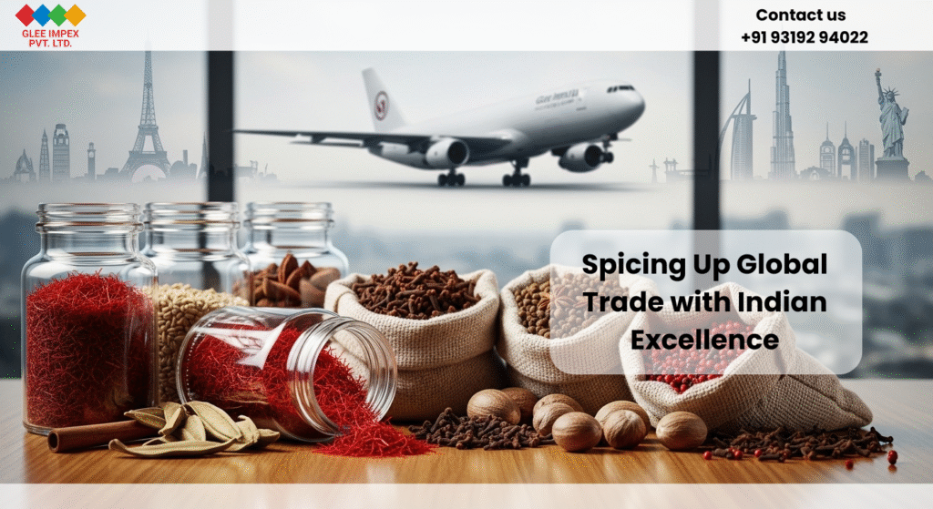 Transparent jars and open sacks of saffron, cloves, pepper, and nutmeg with an air cargo plane in the background, highlighting Glee Impex Pvt. Ltd. as a spices exporter from India.