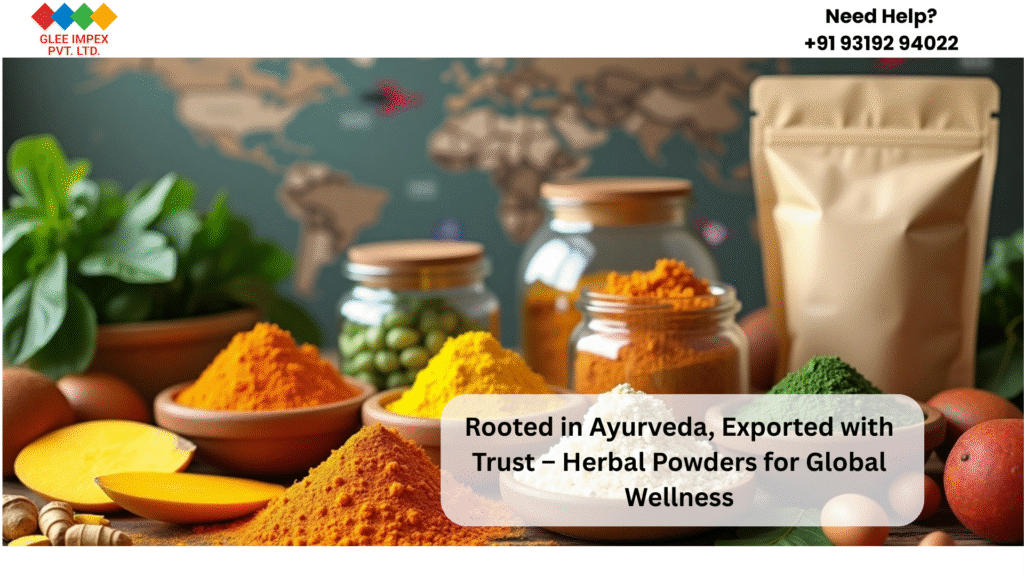 Premium vegetable powders exporter in India – Tomato, Spinach, Carrot, Onion, and Garlic powders with fresh vegetables and global trade theme.