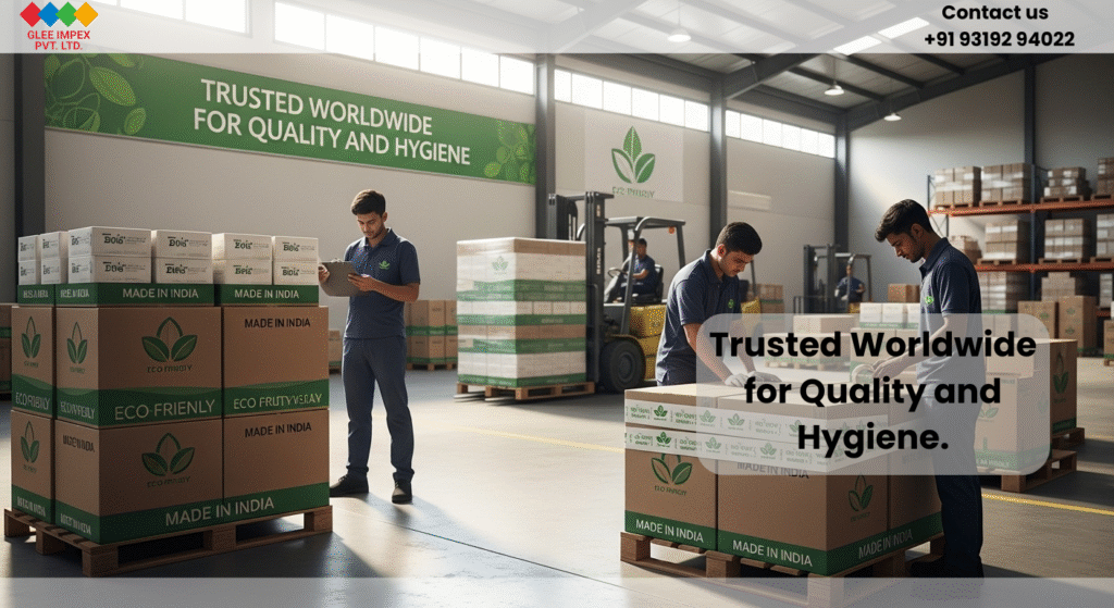 Glee Impex Pvt. Ltd. – Eco-Friendly Tissue Paper Exporter | Certified Indian Supplier for Importers and Distributors Warehouse view of eco-friendly tissue paper exporter Glee Impex Pvt. Ltd. preparing products for global supply.