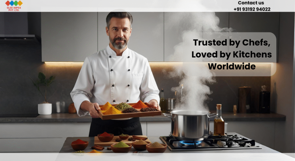 A chef holding a tray of colorful spices in a modern kitchen with steam rising from a pot, showcasing the global reach of a top spices exporter from India.