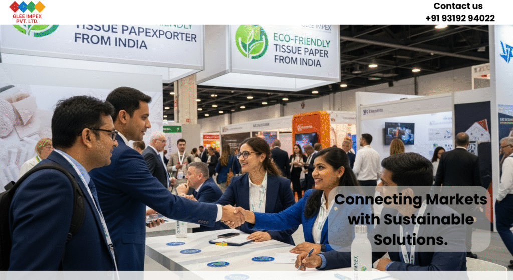 Glee Impex Pvt. Ltd. – Eco-Friendly Tissue Paper Exporter | Certified Indian Supplier for Importers and Distributors International business event featuring Glee Impex Pvt. Ltd. as an eco-friendly tissue paper exporter.