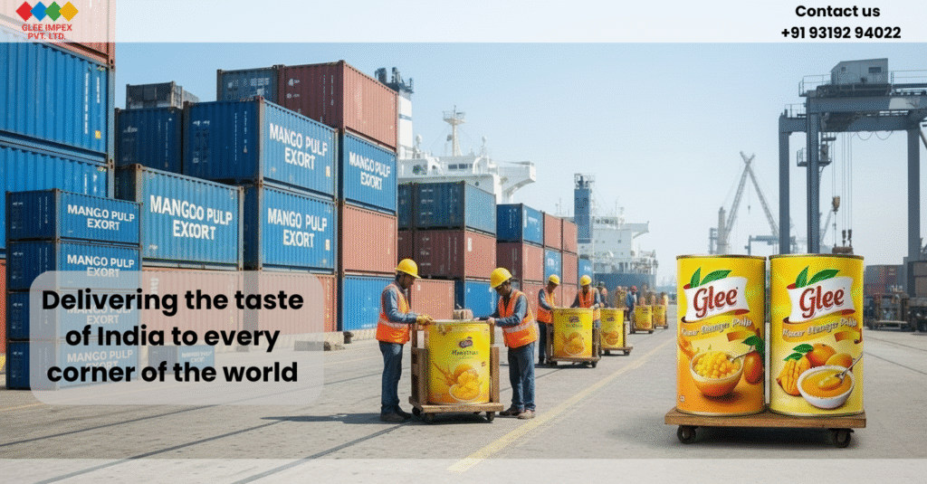 Shipping containers of mango pulp at port by Glee Impex, a trusted mango pulp export firm from India.