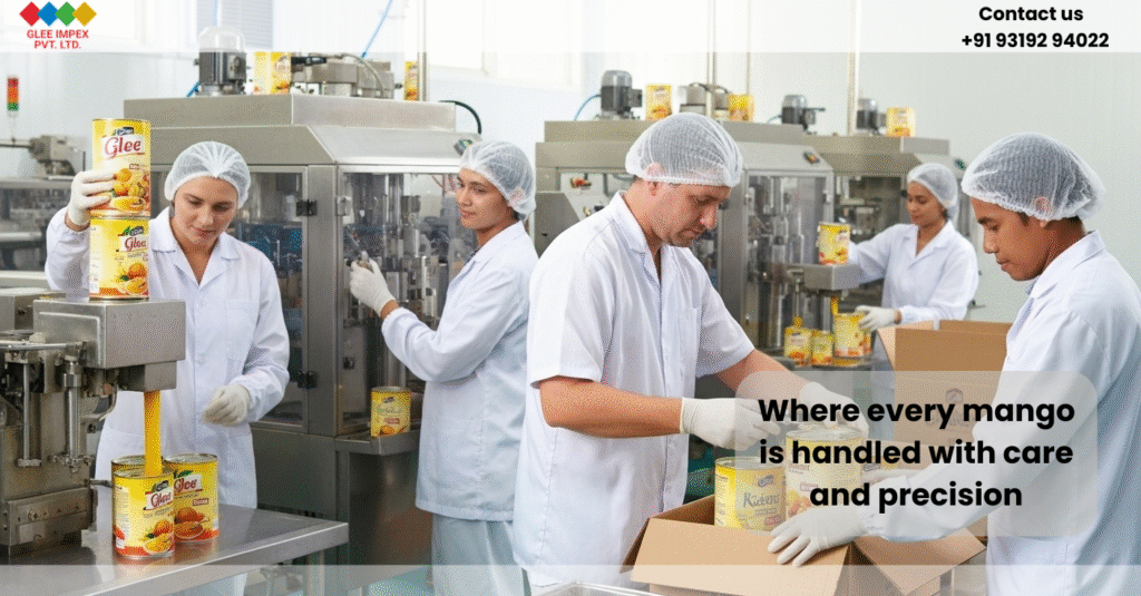 Mango pulp packaging facility operated by Glee Impex Pvt Ltd., a mango pulp export firm from India