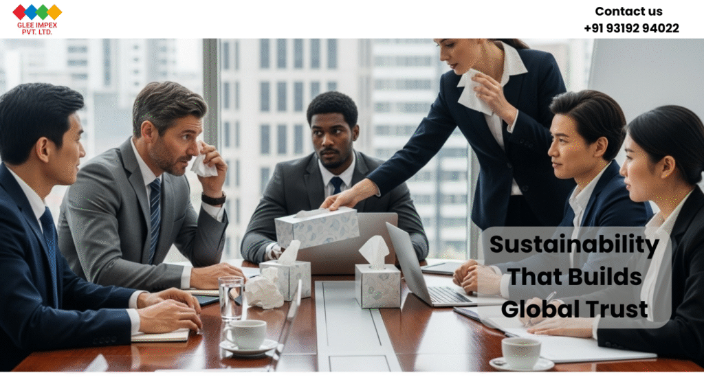 Glee Impex Pvt. Ltd. – Eco-Friendly Tissue Paper Exporter | Certified Indian Supplier for Importers and Distributors Foreign professionals using tissues supplied by Glee Impex Pvt. Ltd., an eco-friendly tissue paper exporter.