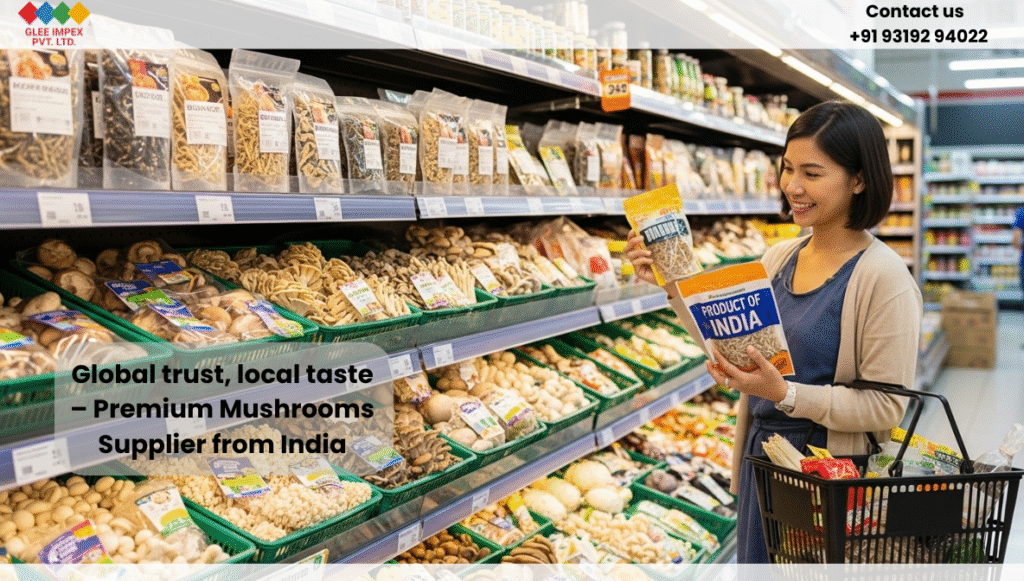 Glee Impex Pvt. Ltd. – Premium Mushrooms Supplier from India for Global Buyers Foreign shopper buying Indian mushrooms exported by a premium mushrooms supplier from India.
