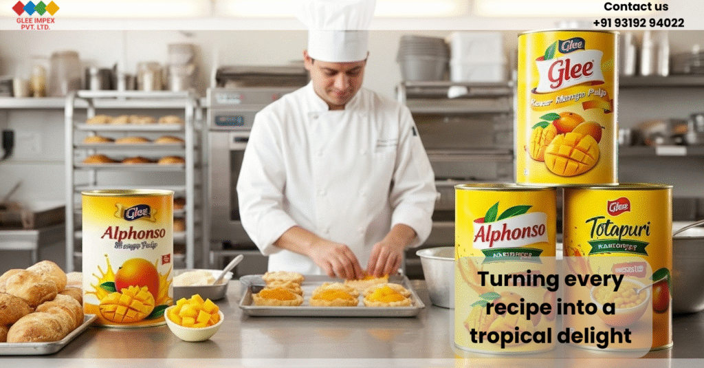 Foreign chef using mango pulp supplied by a mango pulp export firm from India in bakery items.