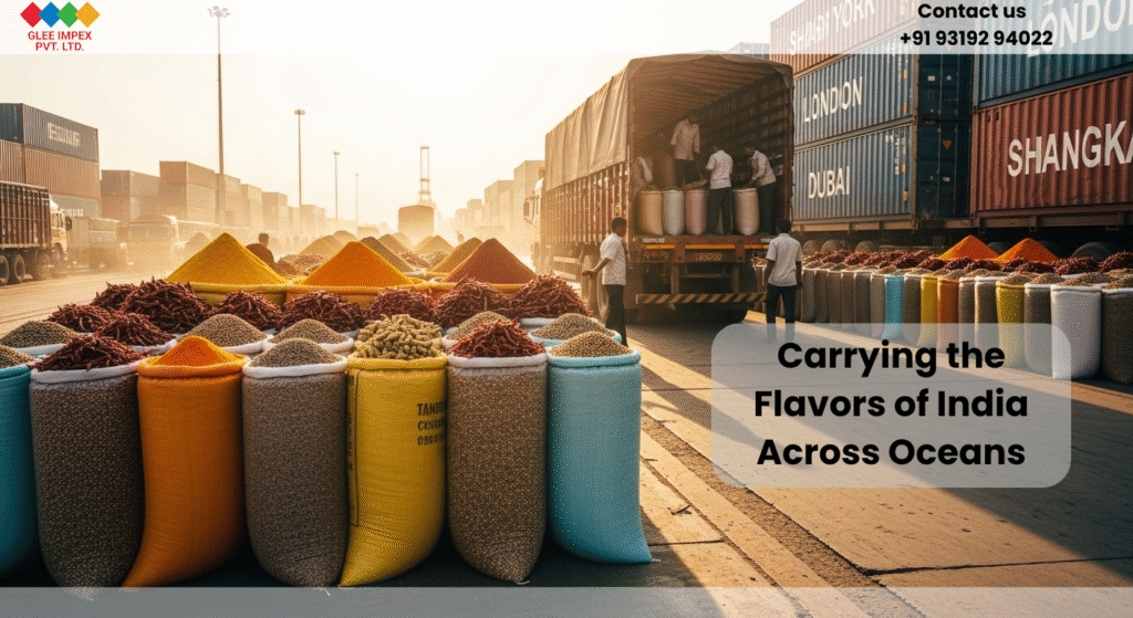 Premium Indian spices packed in export sacks on a dockside, with cargo trucks and shipping containers in the background, symbolizing global spice trade by Glee Impex Pvt. Ltd., a leading spices exporter from India.