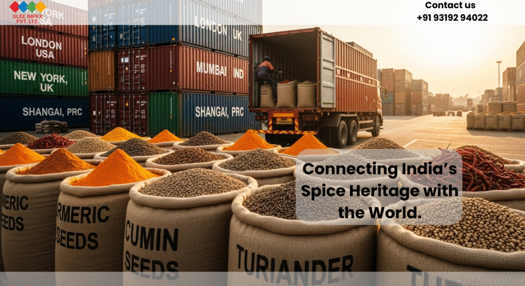 Cinematic world map made of colorful Indian spices with glowing trade route lines, representing Glee Impex Pvt. Ltd. as a leading spices exporter from India.