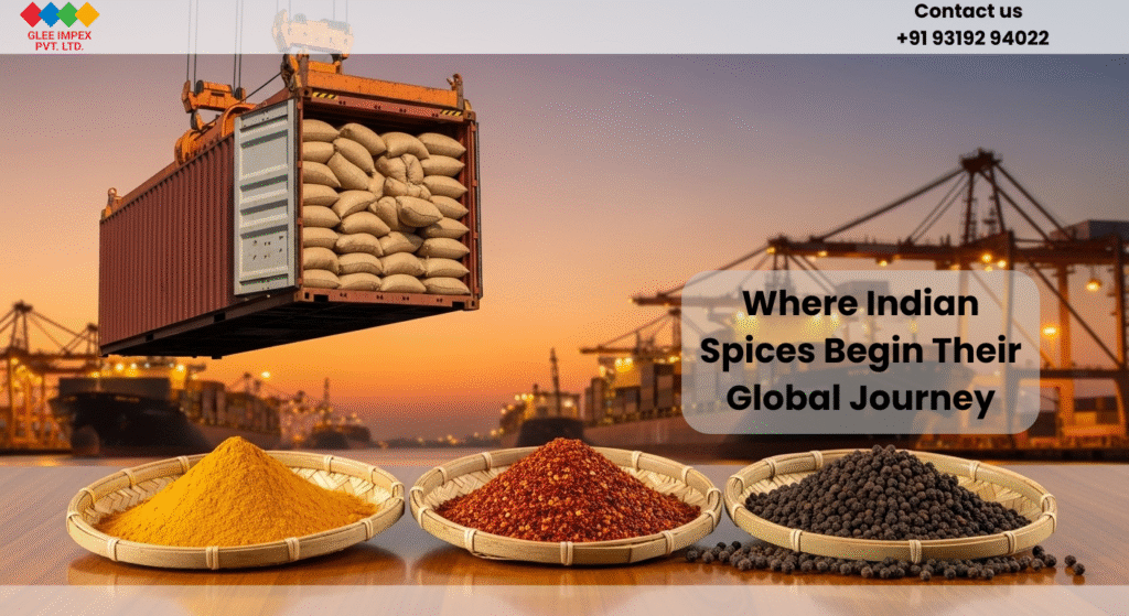 Vivid spices displayed in baskets at a dockside with cranes and cargo ships in the background, showcasing Glee Impex Pvt. Ltd., a leading spices exporter from India.