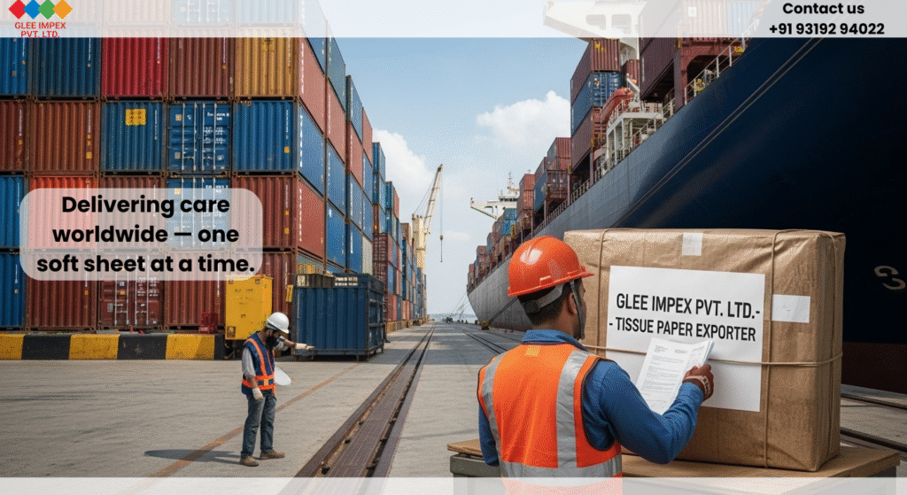 Tissue paper exporter at Indian port preparing cargo for global shipment