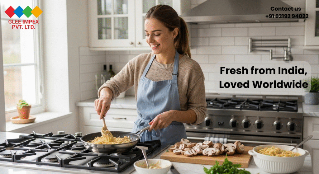 European woman cooking with mushrooms supplied by India’s trusted mushroom exporter.