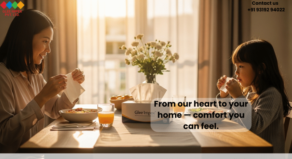 Family using soft tissues from trusted tissue paper exporter at home