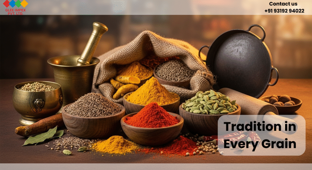 Premium quality spices exporter displaying colorful Indian spices in traditional setting
