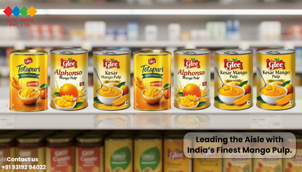 Why Glee Impex is the Top-Ranked Mango pulp exporter in India for Organic and Aseptic Bulk Pulp Supply Supermarket display of Glee mango pulp cans arranged neatly on shelves, representing premium quality from a mango pulp exporter in India.