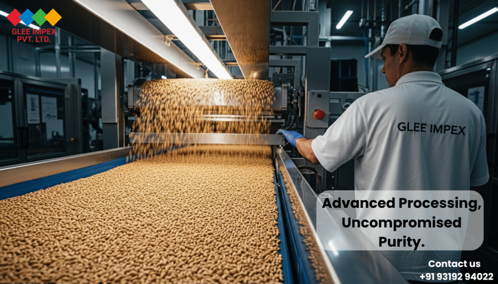 Glee Impex: The Global Face of Indian Agriculture as a Premier grains exporter in India A hyperrealistic view inside a Glee Impex processing facility with sorted barley, highlighting their role as a top agricultural grains exporter in India.