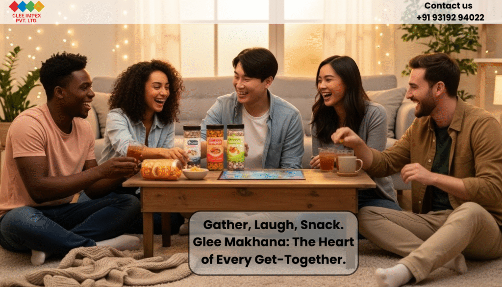 Glee Impex: India's Premier Flavoured Makhana Exporter—Taste, Quality, and Trust in Every Shipment. Group of diverse friends laughing and sharing Glee flavoured makhana in a cozy living room setting; showcases the product as a fun, healthy snack provided by a flavoured makhana exporter.
