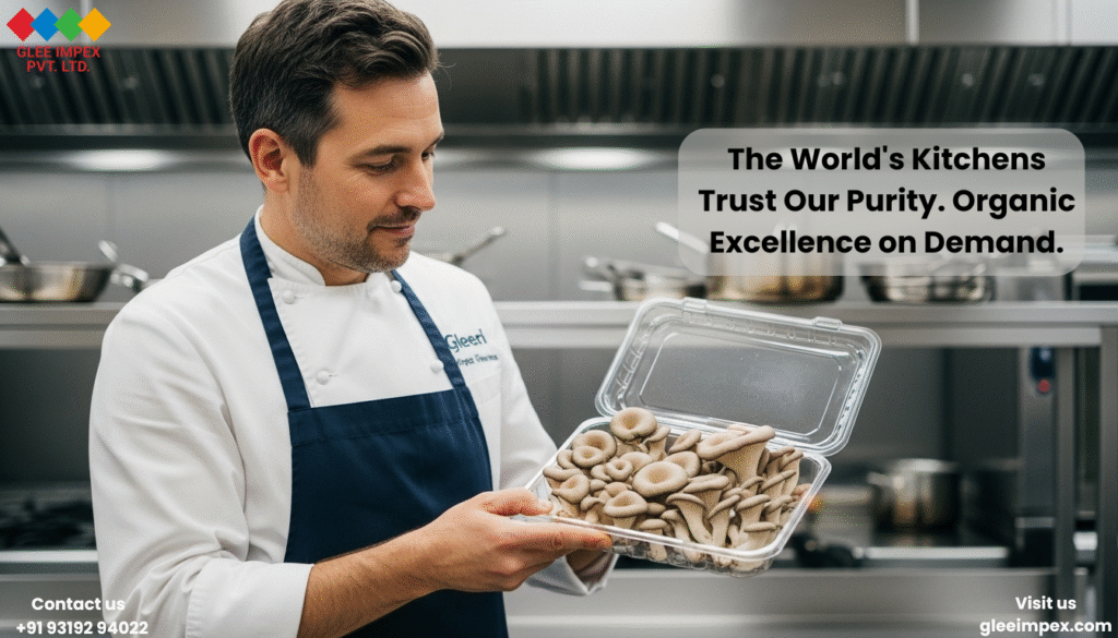 Choose Glee Impex: The Leading Organic Mushroom Exporter from India for Global Markets. Mushroom Exporter from India product inspection: A satisfied European chef examining a tray of Glee Impex Organic Oyster Mushrooms.