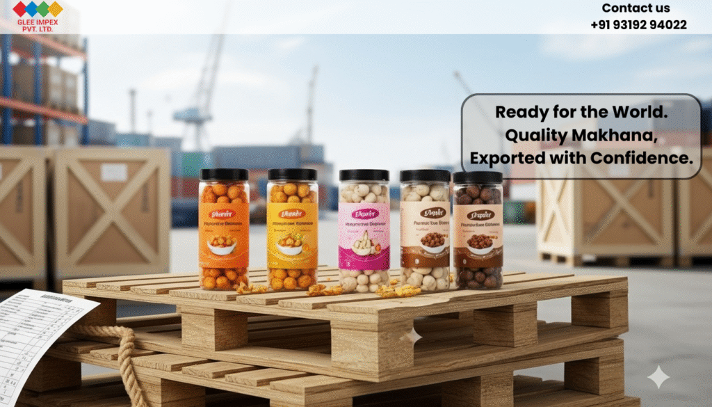 Glee Impex: India's Premier Flavoured Makhana Exporter—Taste, Quality, and Trust in Every Shipment. Jars of Glee flavoured makhana placed on wooden shipping pallets in a port environment, symbolizing the product is ready for global distribution from a trusted flavoured makhana exporter.