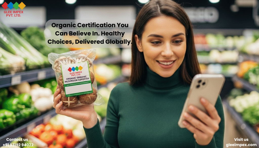 Choose Glee Impex: The Leading Organic Mushroom Exporter from India for Global Markets. Mushroom Exporter from India product showcase: A cheerful shopper confidently holding Glee Impex Organic Shiitake mushrooms in a supermarket.