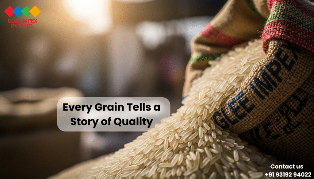Glee Impex: The Global Face of Indian Agriculture as a Premier grains exporter in India A hyperrealistic close-up of premium Basmati rice grains from a Glee Impex jute bag, symbolizing a leading grains exporter in India.