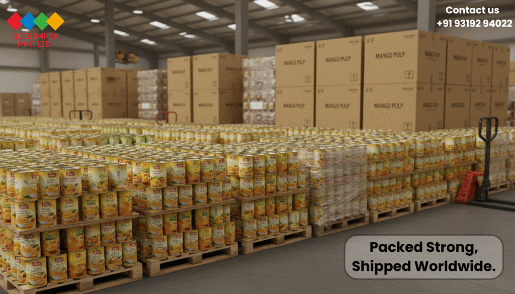 Why Glee Impex is the Top-Ranked Mango pulp exporter in India for Organic and Aseptic Bulk Pulp Supply Warehouse pallets stacked with Glee mango pulp export cartons, representing large-scale global supply by a mango pulp exporter in India.