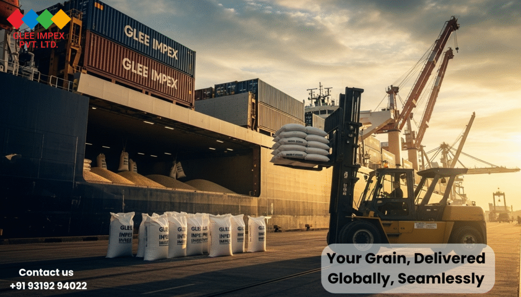 Glee Impex: The Global Face of Indian Agriculture as a Premier grains exporter in India A hyperrealistic port scene at sunrise with Glee Impex containers, symbolizing efficient logistics for a grains exporter in India.