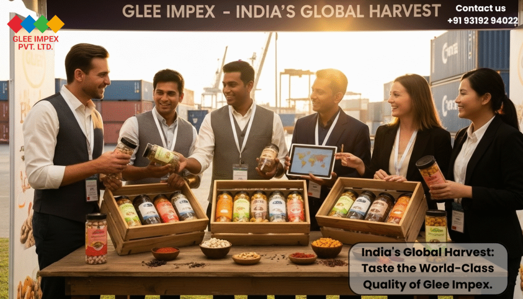 Glee Impex: India's Premier Flavoured Makhana Exporter—Taste, Quality, and Trust in Every Shipment. Glee Impex team members proudly displaying various flavors of flavoured makhana at an exhibition booth with shipping containers in the background, representing the company as a top flavoured makhana exporter.