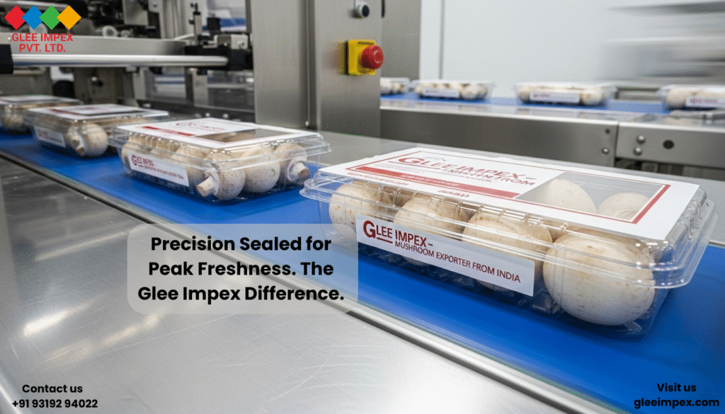 Choose Glee Impex: The Leading Organic Mushroom Exporter from India for Global Markets. Mushroom Exporter from India packaging process showing high-speed MAP sealing in a modern facility, highlighting quality control and freshness.