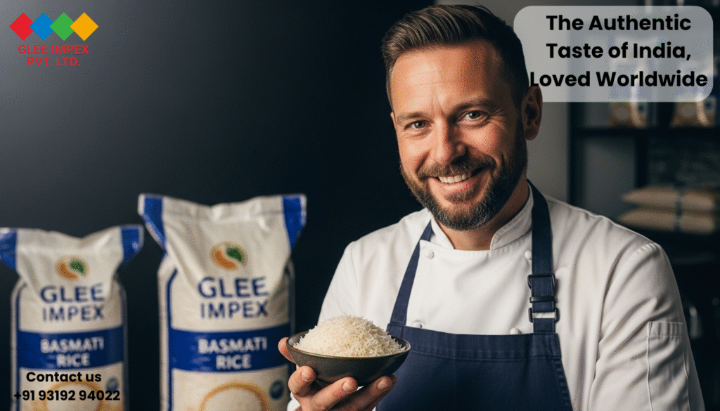 Glee Impex: The Global Face of Indian Agriculture as a Premier grains exporter in India A hyperrealistic image of a European chef with Glee Impex Basmati rice, highlighting global appreciation for an Indian agro products and grains exporter