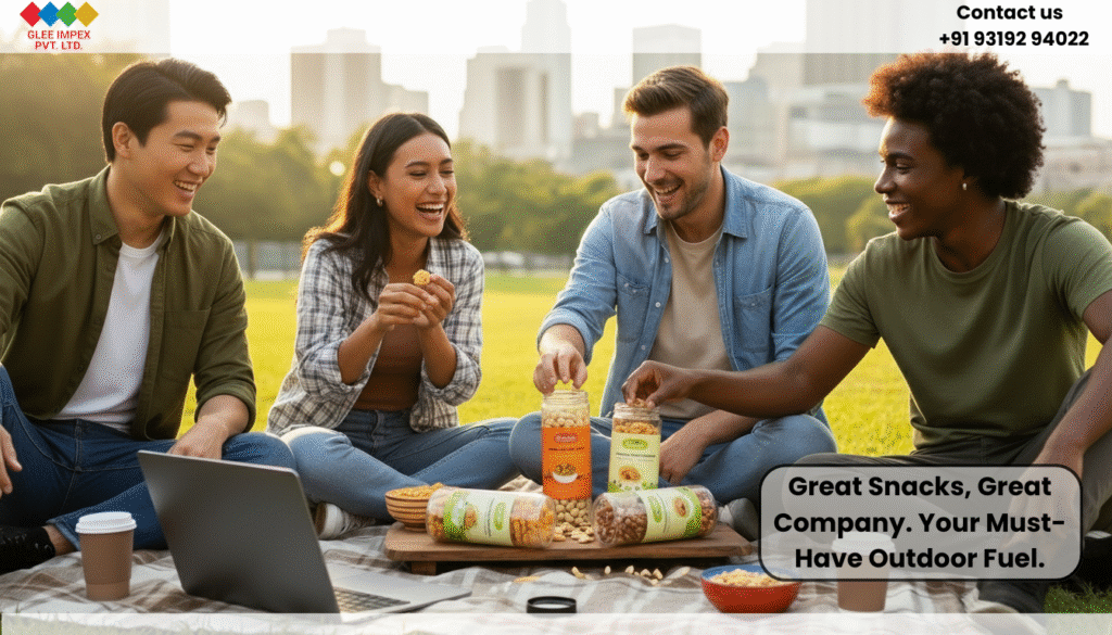 Glee Impex: India's Premier Flavoured Makhana Exporter—Taste, Quality, and Trust in Every Shipment. Diverse friends smiling and sharing jars of Glee flavoured makhana outdoors in a park; emphasizes the social aspect of the snack from a leading flavoured makhana exporter.