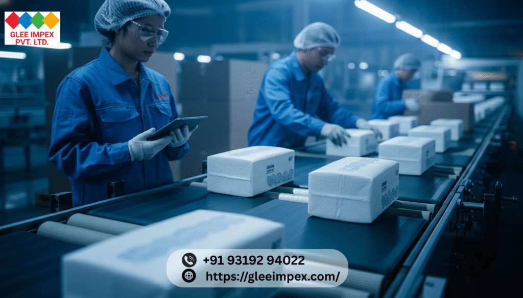 Tissue Manufacturer in India | Glee Impex – Premium Tissue Exporter Workers inspecting tissue packs on a production line by a Tissue Manufacturer in India.