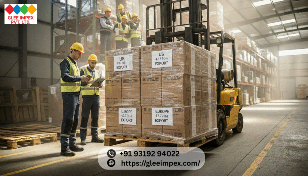 Tissue Manufacturer in India | Glee Impex – Premium Tissue Exporter Workers inspect and load export-ready tissue packages onto a forklift, highlighting efficient global logistics by Glee Impex Pvt. Ltd., a leading Tissue Manufacturer in India.