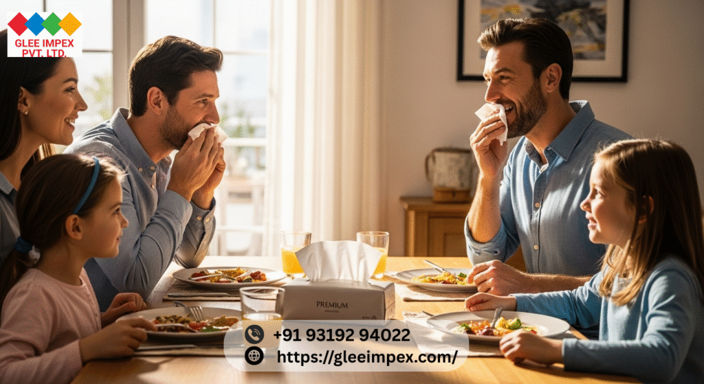 Tissue Manufacturer in India | Glee Impex – Premium Tissue Exporter A family uses tissue napkins during dinner, showing everyday hygiene from a trusted Tissue Manufacturer in India.