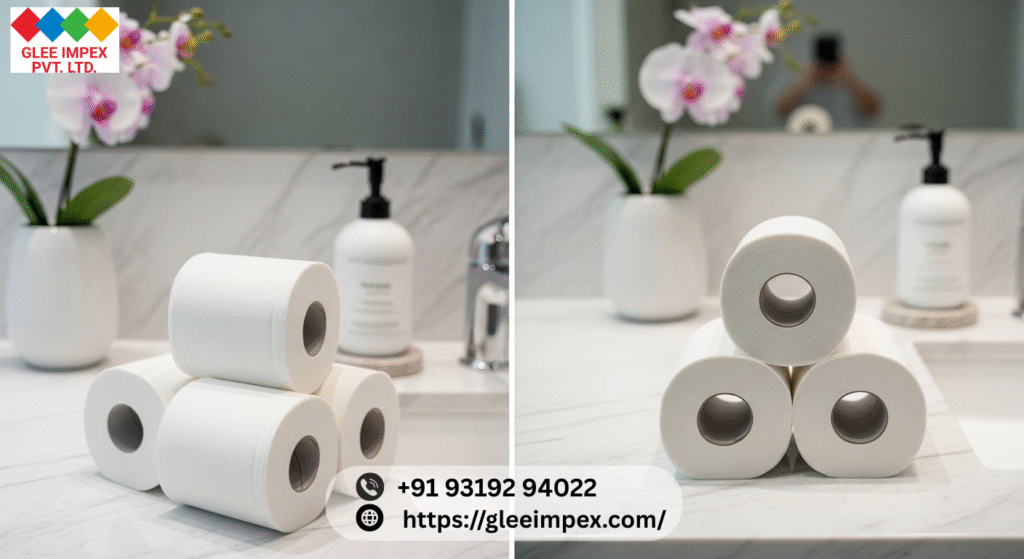 Tissue Manufacturer in India | Glee Impex – Premium Tissue Exporter Neatly arranged tissue rolls on a clean counter showcasing Glee Impex quality as a Tissue Manufacturer in India.