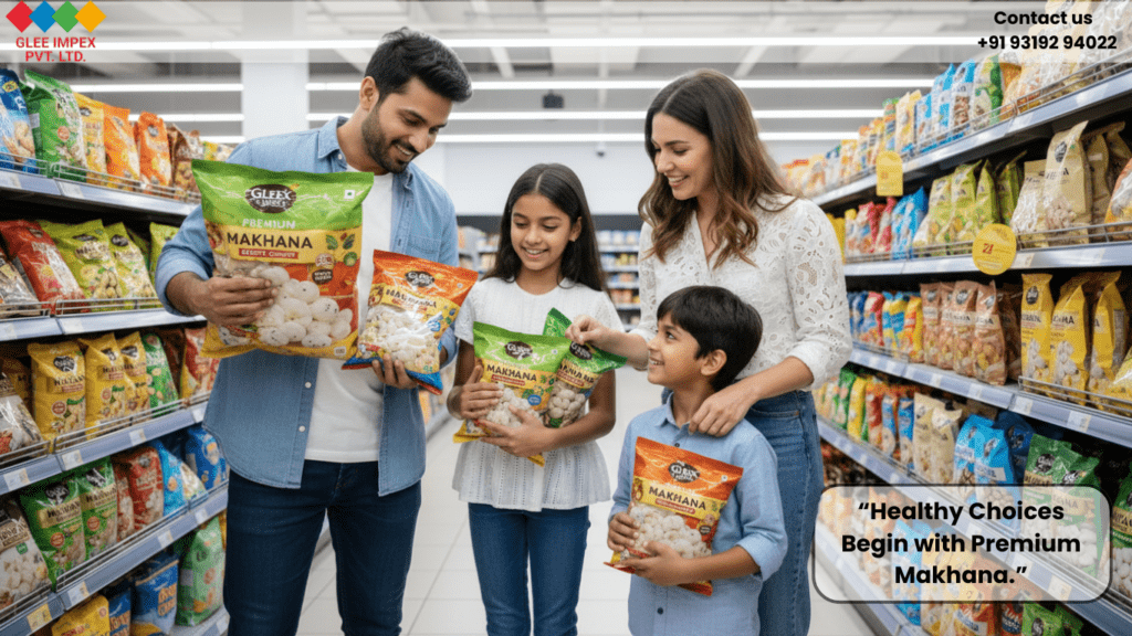 A happy family shopping for Glee Impex branded snacks in a supermarket, supplied by a trusted foxnut exporter India.