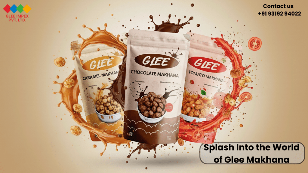 Flavoured Foxnut exporter presenting caramel, chocolate and tomato makhana with dynamic flavour splash design.