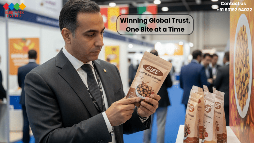 Flavoured Foxnut exporter building global trust as international buyers evaluate premium chocolate makhana at trade fair.