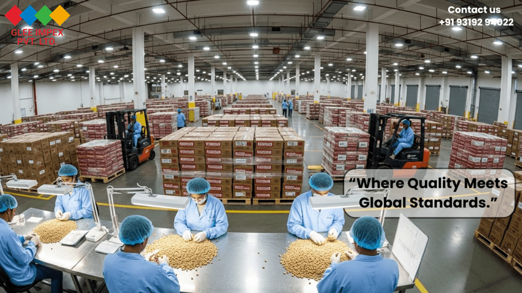 Workers in a clean, modern processing facility sorting and grading seeds for a professional foxnut exporter India.