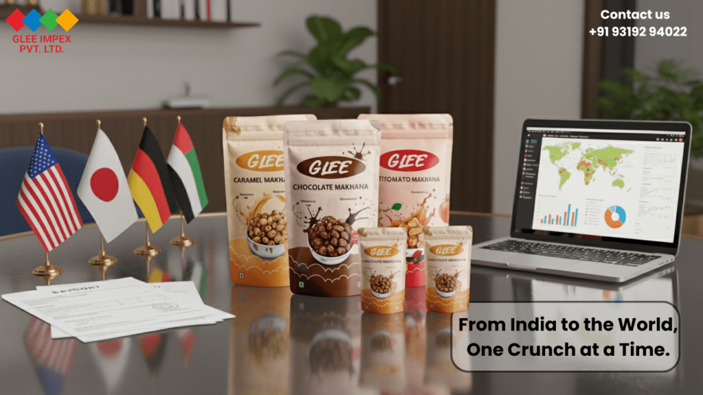 Flavoured Foxnut exporter from India displaying export-ready makhana packs with global market documentation.
