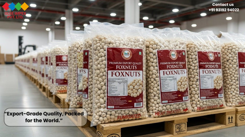 Bulk bags of export-grade Makhana stacked on pallets in a warehouse, ready for shipment by a reliable foxnut exporter India.