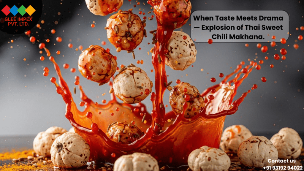 Flavoured Foxnut exporter highlighting Thai sweet chilli makhana with dramatic spice splash and gourmet presentation.