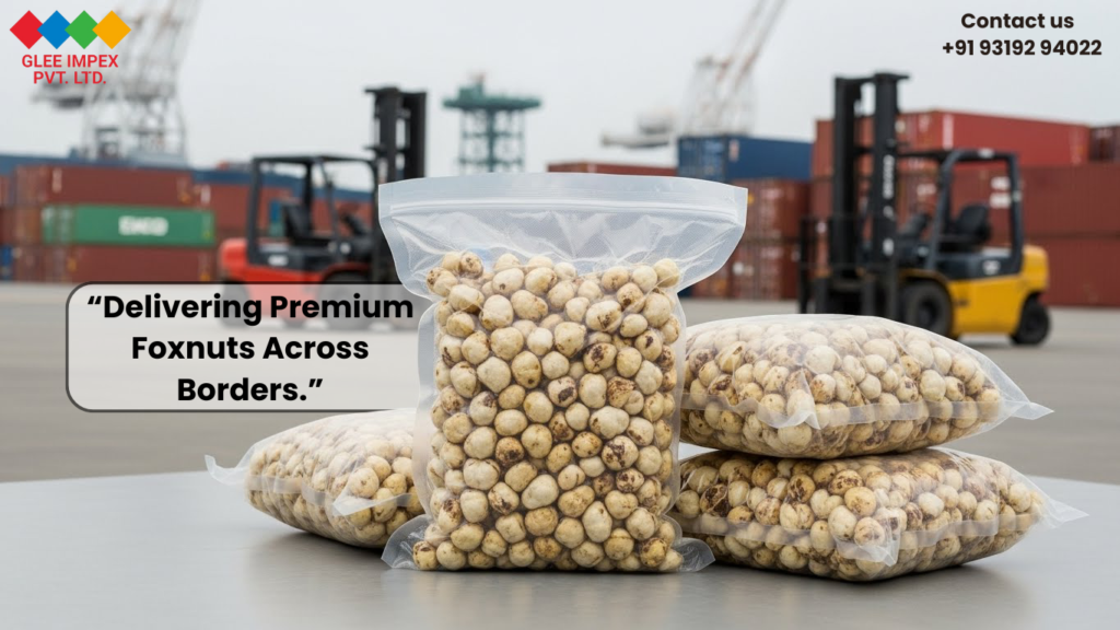 Vacuum-sealed bags of premium foxnuts at a shipping port, prepared for international delivery by an expert foxnut exporter India.