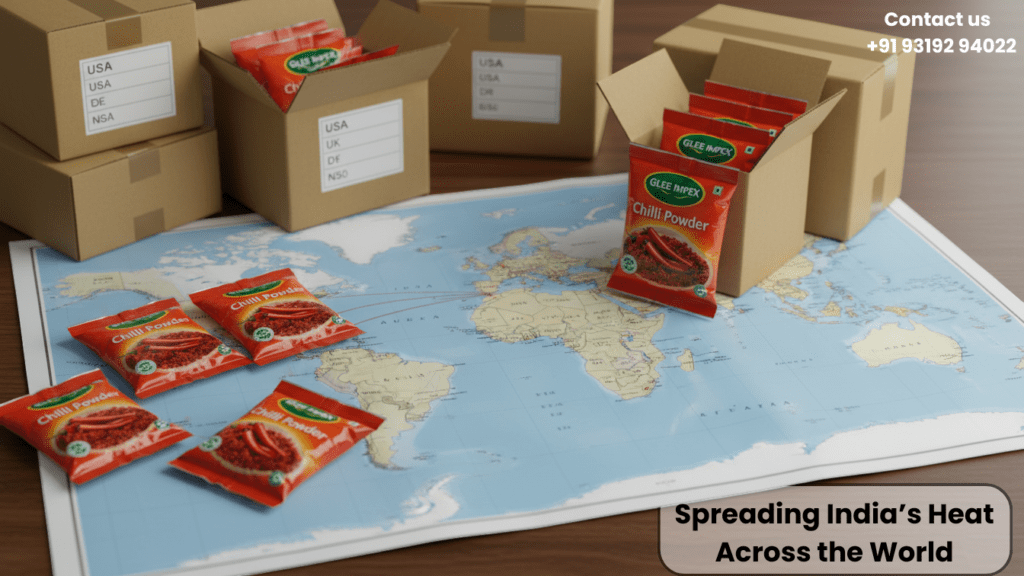 Glee Impex spice packets arranged on a world map with shipping boxes, illustrating the global reach of a leading chili powder exporter spreading Indian heat across the world