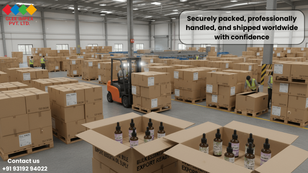 A large, organized warehouse of Glee Impex Pvt. Ltd., a leading Essential oil exporter, featuring a forklift operator moving pallets of boxes labeled 'Export Ready' for international distribution.