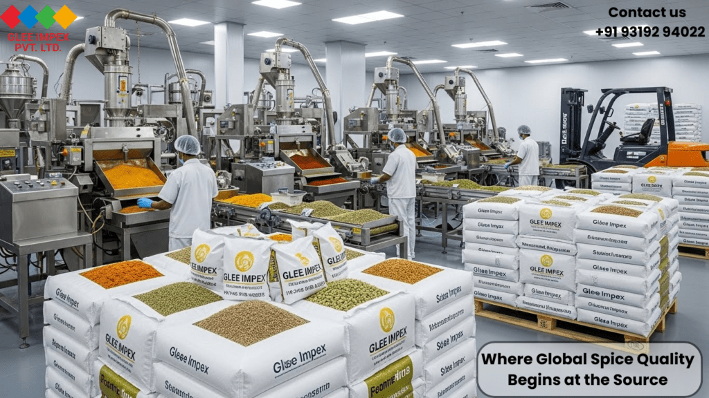 Workers in a modern, hygienic processing facility packaging large sacks of Glee Impex products, showing why we are a top-tier Organic spices exporter focused on quality at the source.