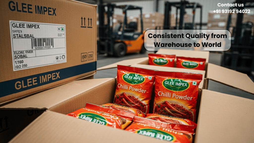 Open shipping cartons filled with branded spice packets in a clean warehouse facility, showcasing the consistent quality standards of a professional chili powder exporter.