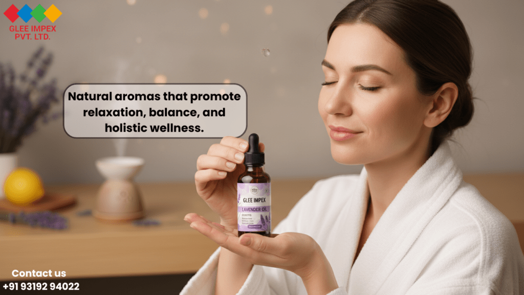 A woman enjoying the natural aroma of Lavender oil from Glee Impex Pvt. Ltd., a trusted Essential oil exporter, demonstrating the product's use for relaxation and holistic wellness.