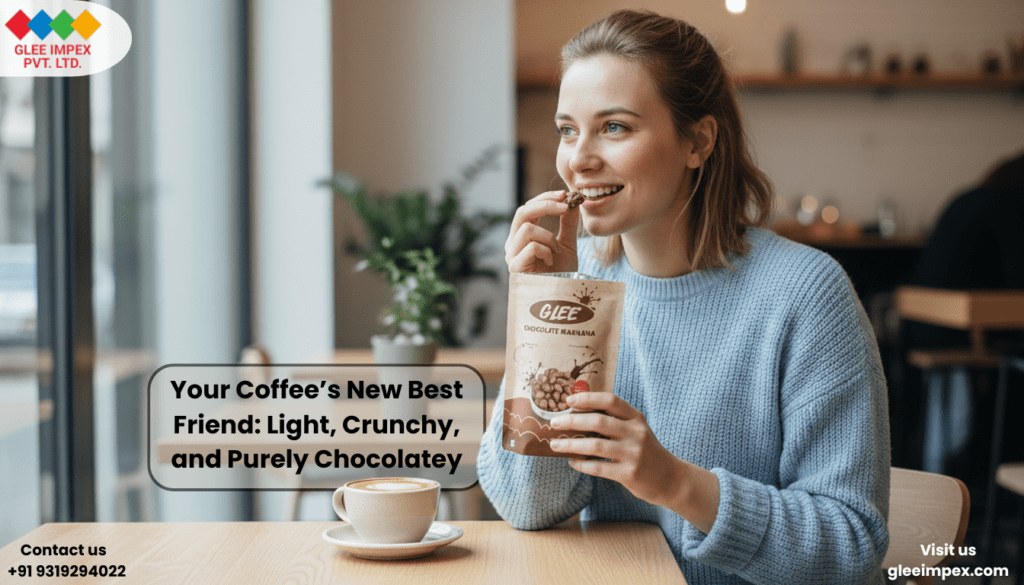 A happy consumer enjoying a healthy snack from a global Chocolate Makhana Exporter, perfect for guilt-free indulgence during coffee breaks.