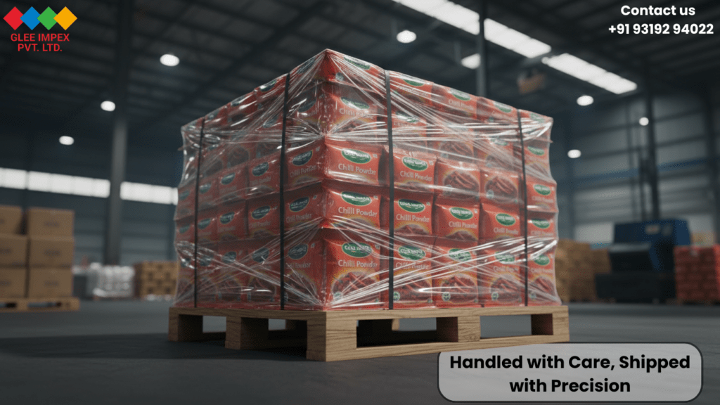 A large pallet of chili powder packets wrapped securely in plastic for international shipping, highlighting the logistics expertise of a reliable chili powder exporter