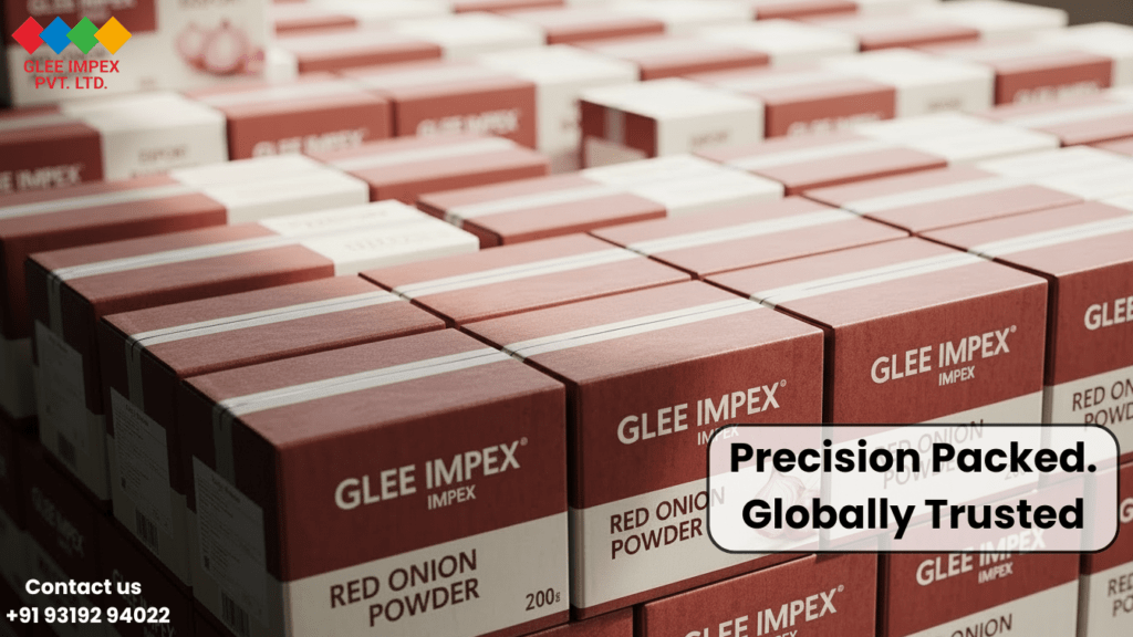 Precision-packed retail boxes of Glee Impex Red Onion Powder stacked for distribution by a trusted Onion Powder exporter.